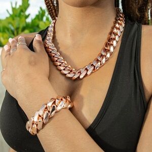 Set Chain & Bracelet 20mm Miami Cuban Link Pink Red Rose Gold Plated Chain